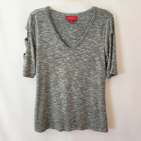 Jennifer Lopez Y2k Gray Studded V-Neck Tee with Cutouts womens size medi… - Picture 1 of 13